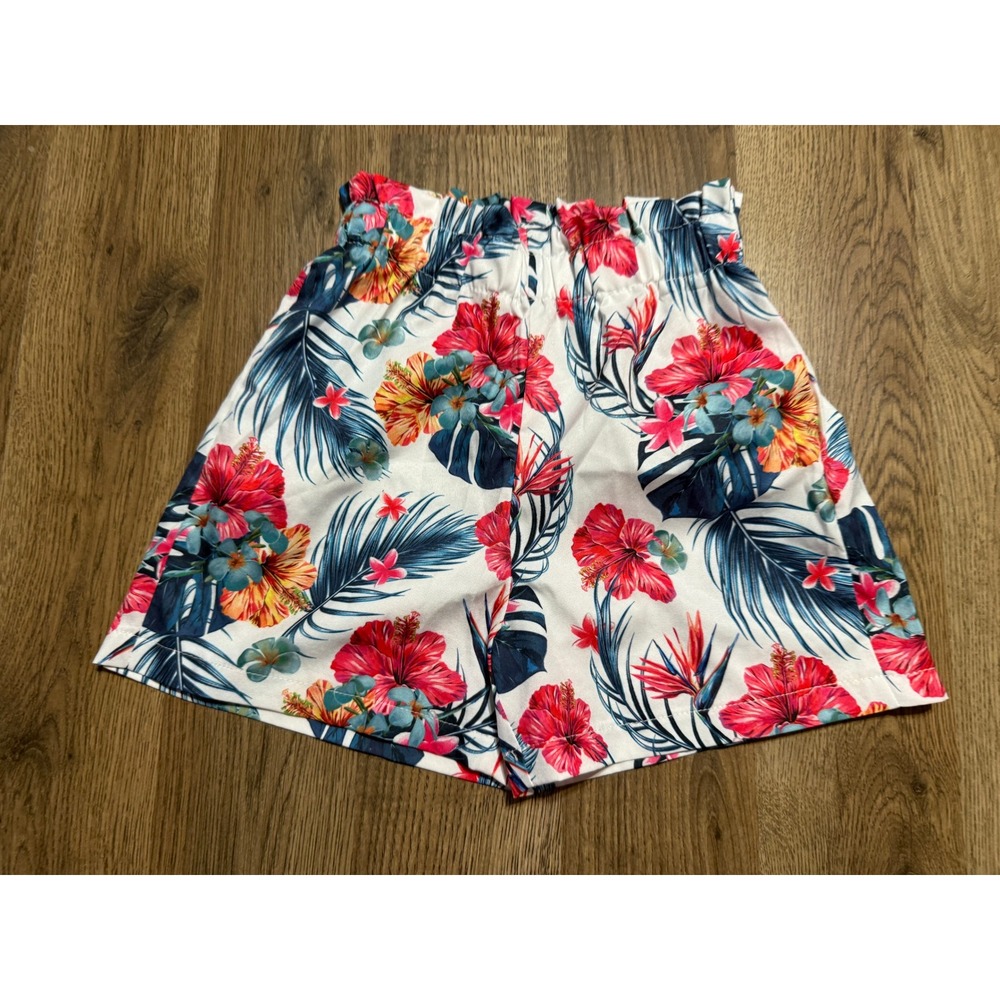 SHEIN Shorts Girls Size 6 White Shorts Paperbag Waist Hibiscus Floral Tropical